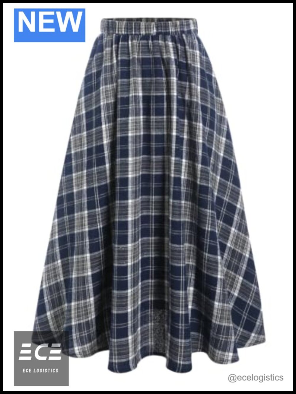 Plaid High Waisted A-Line Midi Skirt Elastic Waist Two Pockets